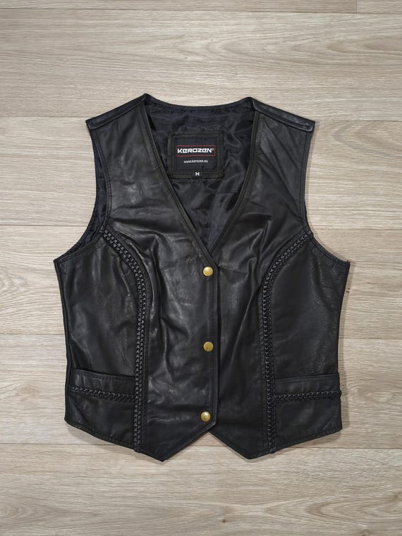 Black Leather Biker Vest Kerozen • Genuine Cowhide Leather • Braided Detail • Vintage Style • Women M | Loose S • Moto Vest Rider Classic