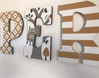 Custom Painted Girl's Hanging Letters - Night Owl / Woodland