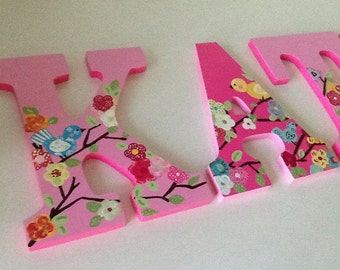 Custom Painted Girl's Wall Letters - Cherry Blossom / Birds