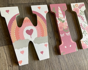 Custom Painted Girl’s Hanging Letters - Pastel Rainbow / Unicorns / Floral