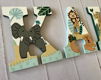 Custom Painted Jungle Themed Hanging Letters - Elephants / Lions / Giraffes