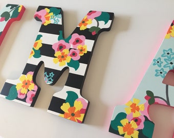 Custom Painted Girl's Wall Letters - Stripes / Floral