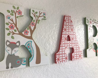 Custom Painted Girl's Hanging Letters - Levtex Baby Fiona / Fox / Owl / Girls Woodland Theme