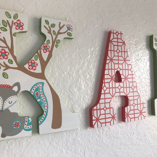 Custom Painted Girl's Hanging Letters - Levtex Baby Fiona / Fox / Owl / Girls Woodland Theme