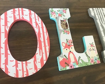 Custom Painted Girls Wall Letters - Woodland / Fox / Bunny