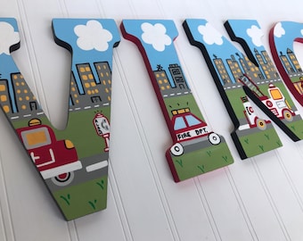 Custom Painted Boy's Wall Letters- Firetrucks