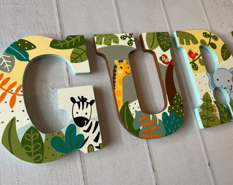 Custom Painted Hanging Wall Letters - Jungle Animals / Mighty Jungle / Jungle Friends