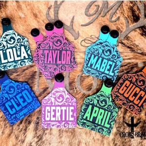 May include: A collection of colorful, patterned animal tags with names like "LOLA", "TAYLOR", and "MABEL" in bold white text. Each tag features a unique color scheme and decorative swirls. The tags are designed with a black attachment.