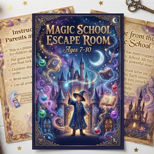 Pode incluir: Um jogo de Escape Room com tema de Escola de Magia para crianças de 7 a 10 anos, com uma ilustração de mago, uma varinha, cristais, uma chave, uma ampulheta e lavanda. O jogo inclui instruções para os pais.