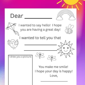 May include: A printable letter from children with the text "Anytime letter from kids." The letter includes illustrations of a kite, bird, rainbow, bee, sun, and butterflies. The letter has space for a drawing and a message.