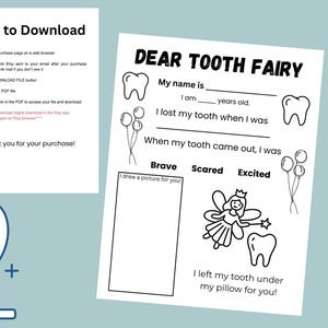 May include: A printable Dear Tooth Fairy letter and a How to Download guide on a light blue background. The letter includes fill-in-the-blank sections and a space for a drawing. Decorative tooth and toothbrush graphics are also present.