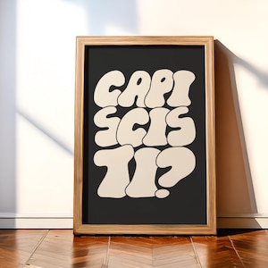 Può includere: Una stampa artistica incorniciata con il testo "CAPIS CIS 11?" in un font retrò a bolle. Il testo color crema è su sfondo nero, racchiuso in una cornice di legno chiaro. L'opera è esposta contro un muro bianco e un pavimento in legno.