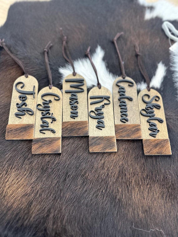 Personalized Cowhide Stocking Tag, Rustic Christmas Ornament