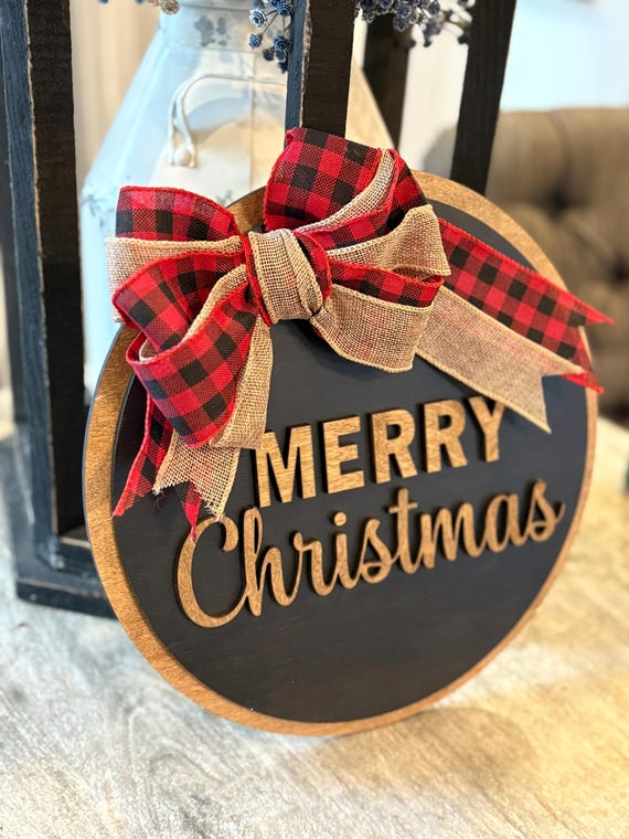 Handcrafted Merry Christmas Round Wood Sign with Buffalo Plaid Bow