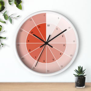 Könnte beinhalten: Eine runde Wanduhr mit weißem Rahmen und einem Farbverlauf von Hellrosa zu tiefem Rot. Das Zifferblatt ist in Segmente unterteilt, mit schwarzen Zeigern, die die Zeit anzeigen. Zahlen und Minutenmarkierungen sind sichtbar.