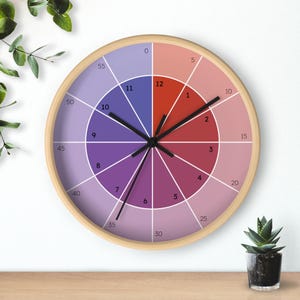 May include: A round wall clock with a light wood frame. The clock face is divided into segments of color, ranging from red to purple. Black hands indicate the time. The numbers are in white. A small succulent plant sits on the table.