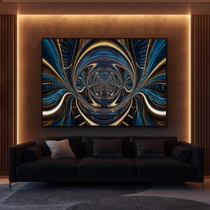 Op de afbeelding: Een groot, ingelijst abstract kunstwerk met een wervelend ontwerp in blauw, goud en wit hangt boven een zwarte bank. Het kunstwerk heeft een symmetrisch, tunnelachtig patroon. De kamer heeft warme verlichting en een donker kleurenschema.