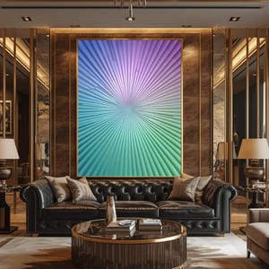 May include: A luxurious living room featuring a large, colorful abstract art piece with a radial design in shades of blue, green, and purple. The room includes a black leather sofa, a round coffee table, and a patterned rug, all set against a backdrop of mirrored walls and warm lighting.