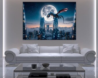 Dragon Over City Print | Futuristic Fantasy Artwork (16:9 Digital Download)
