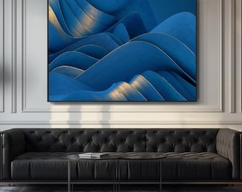 青と金の海の波アート：抽象的な藍の絵画（デジタルダウンロード