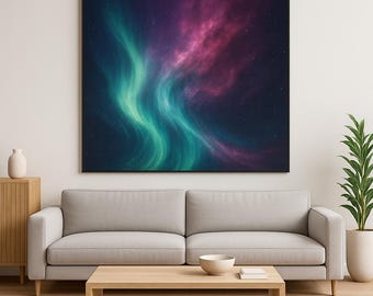 May include: A large square canvas art print depicting a vibrant aurora borealis. Swirling bands of teal and green light contrast with a nebula of pink and purple hues, set against a dark blue starry background. The artwork is framed in black.