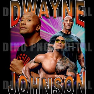 Può includere: Un design grafico con tre immagini di Dwayne Johnson, con il nome "Dwayne Johnson" in testo grande e stilizzato. Lo sfondo presenta un'esplosione di colori viola e verdi, con uno sfondo nero.
