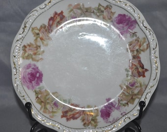 Antique Silesian porcelain plate: hand-painted roses and gold trim