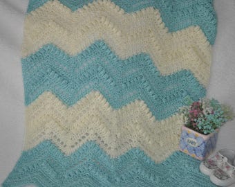 Robin Egg blue and Cream colored ripple crochet baby blanket with "bubble" stitch