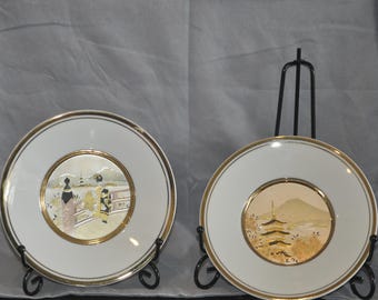 Set of 2 Japanese Chokin art decorative porcelain plates