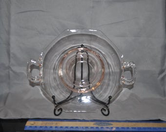 Pink depression glass platter with double handles