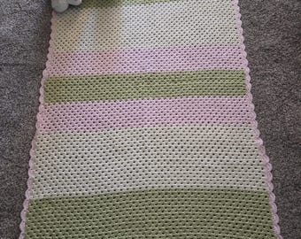 Crochet Baby Blanket: Mulicolor striped (green, cream, pink) with Scalloped Edge, Handmade