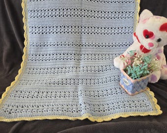 Crochet Baby Blanket: Blue with Yellow Scalloped Edge, Handmade