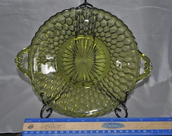 Green Indiana Glass relish dish: Honeycomb pattern and handles