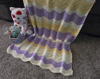 Crochet Baby Blanket: Purple with Yellow and cream stripes, Handmade
