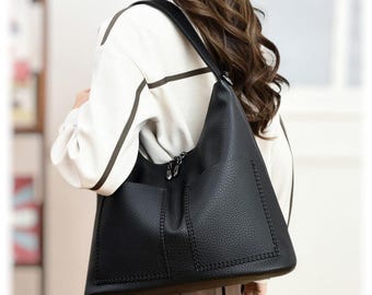Black Tote bag, Shoulder bag, Crossbody bag, Hobo bag Women Leather Tote Bag