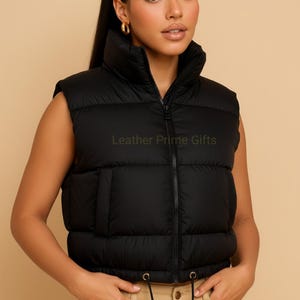 Women Black Cropped Sleeveless Puffer Warm Padded Jacket