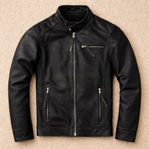 Black Real Cowhide Leather Cafe Racer Jacket, Handmade Jacket for Men