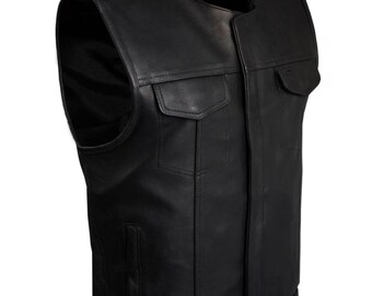 Men’s Genuine Cowhide Leather Biker Vest – Black Motorcycle Waistcoat with Hidden Concealed Pockets