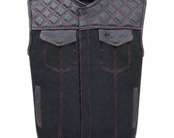 Black Denim & Leather Biker Vest for Men | Motorcycle Club Style | Red Stitching | Hidden CCW Pockets