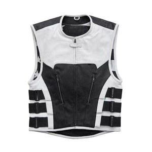 White & Black Leather Motorcycle Vest for Men – Flag Lined Waistcoat