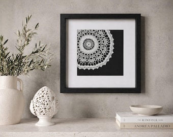 Italian Vintage Lace Wall Art – Framed Crochet Textile, Black Home Decor, Neutral Monochrome Artwork
