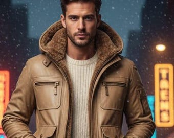 Chaqueta de cuero para hombre con forro de piel, capucha, abrigo de invierno con cremallera frontal y largo hasta la cintura.