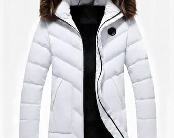 Abrigo largo acolchado con capucha de piel y cremallera frontal para invierno, parka de lujo para clima frío.