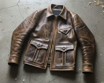 Chaqueta vintage marrón de cuero genuino / Abrigo militar de piel de vacuno envejecida hecho a mano / Ropa urbana de invierno para hombre
