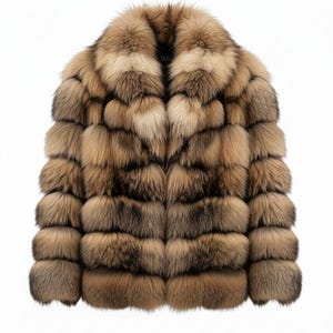 May include: A luxurious, full-length fur coat in shades of brown and tan. The coat features a wide collar and a horizontal design, creating a textured appearance. The fur appears soft and plush, ideal for cold weather.
