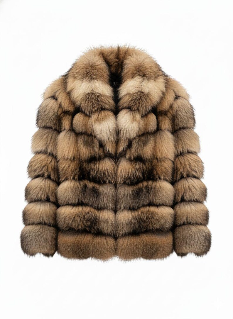 May include: A luxurious, full-length fur coat in shades of brown and tan. The coat features a wide collar and a horizontal design, creating a textured appearance. The fur appears soft and plush, ideal for cold weather.