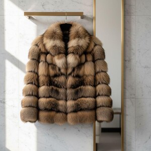 May include: A luxurious brown fur coat with a wide collar hangs on a black hanger. The coat is made of horizontal panels of fur in varying shades of brown and tan. A gold-framed mirror is next to the coat.