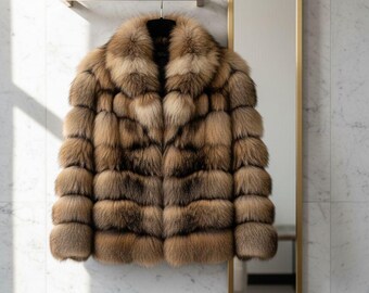 Chaqueta de piel de zorro 100% auténtica marrón hecha a mano: abrigo de invierno de lujo