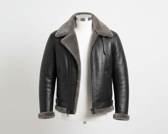 Chaqueta de piel de oveja de lujo para hombre: cazadora bomber negra con ribete de piel / Chaqueta de invierno hecha a mano