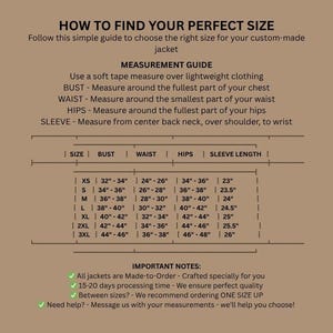 May include: A size chart for custom-made jackets, with bust, waist, hips, and sleeve length measurements in inches. Includes XS to 3XL sizes, with a guide on how to measure and important notes about the product.